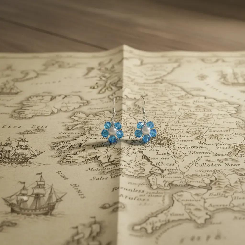 Forget me not beaded earrings with pearl centre on old Inverness map. Outlander fan gift.