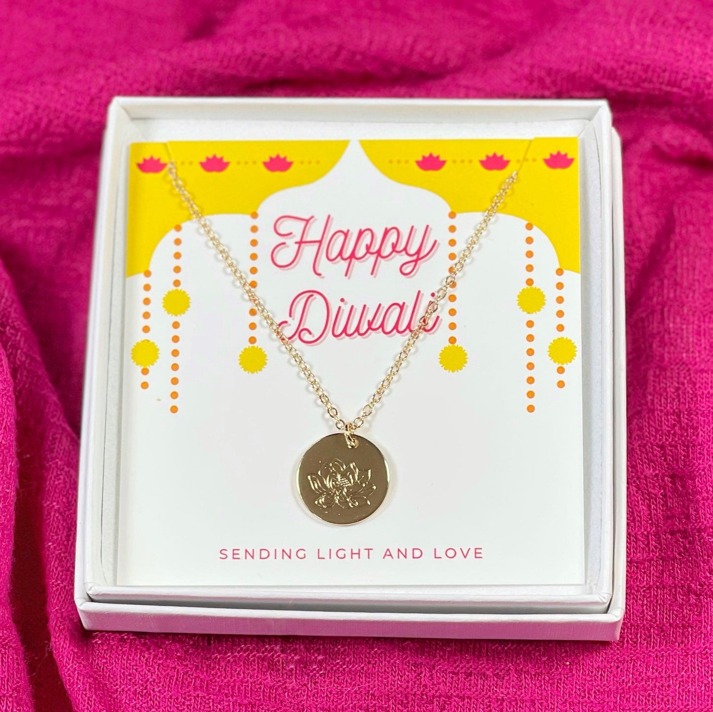 Diwali gift for her, Diwali lotus gold necklace, Diwali card, Gold necklace diwali gift, lotus flower necklace,