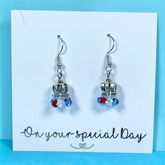 New Royal King Charles Corination earrings, Coronation crown drop silver plated earrings, red, white,blue earrings,Coronation jewellery gift