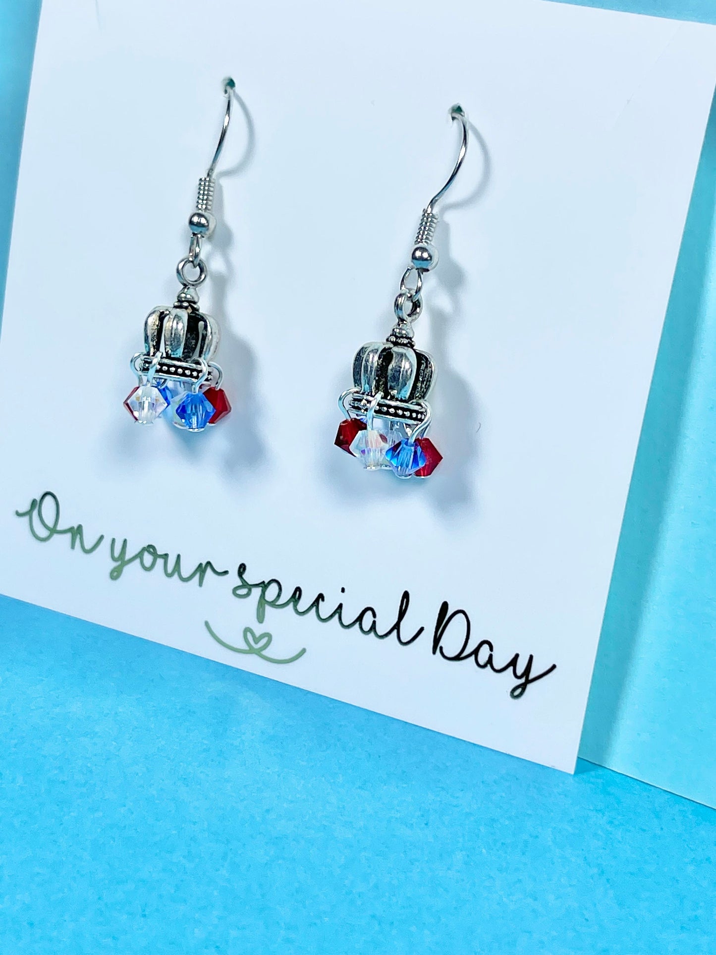 New Royal King Charles Corination earrings, Coronation crown drop silver plated earrings, red, white,blue earrings,Coronation jewellery gift
