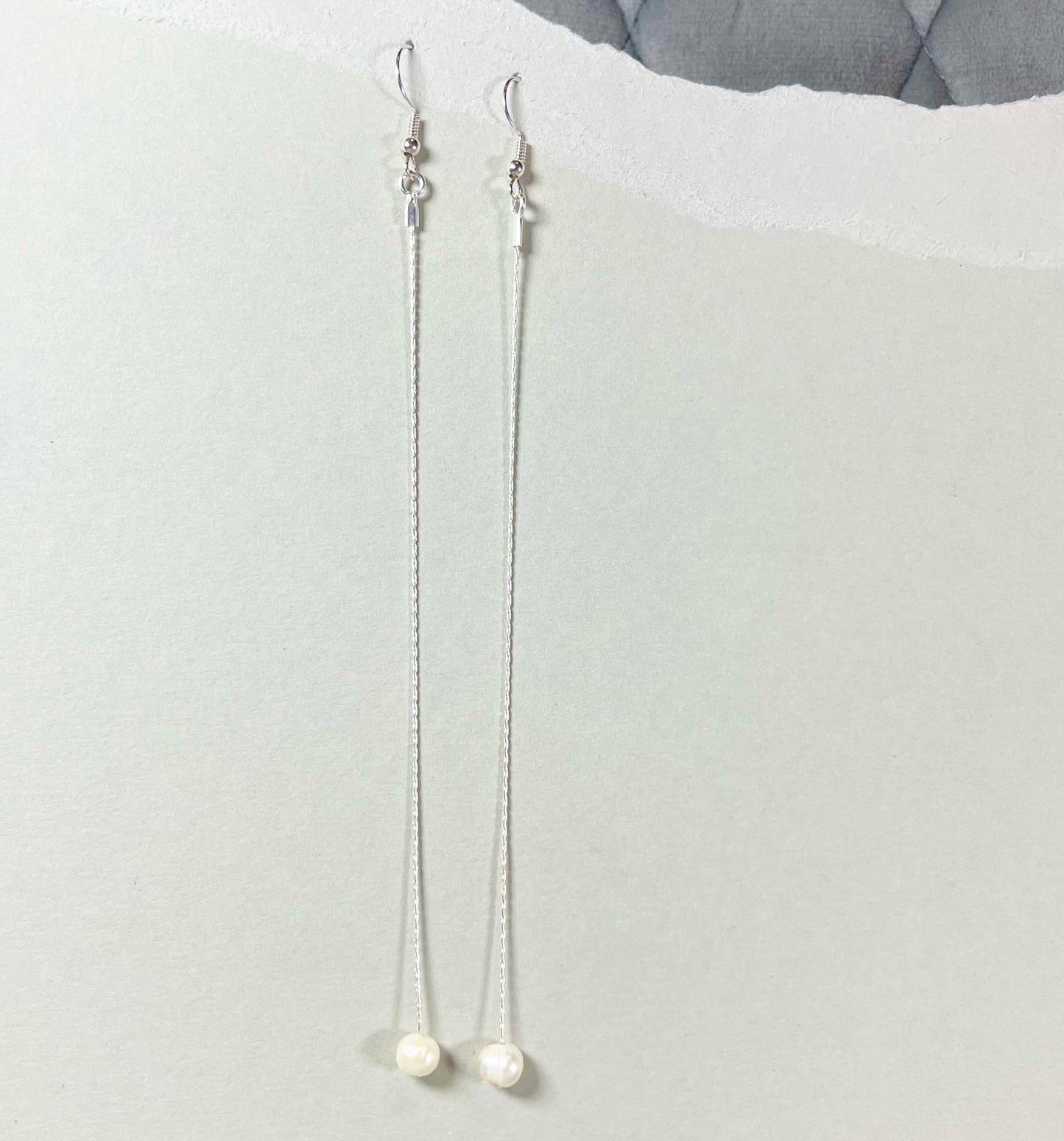 Sterling Silver Freshwater Pearl Drop Threader Earring, Long Pearl Earring, Dangle Earring, Long Chain Pearl Earrings, Bridal Pearl Earrings