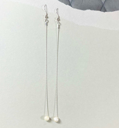 Sterling Silver Freshwater Pearl Drop Threader Earring, Long Pearl Earring, Dangle Earring, Long Chain Pearl Earrings, Bridal Pearl Earrings
