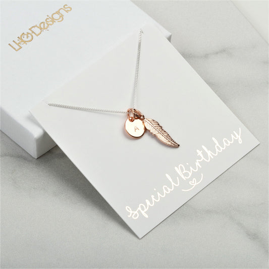 Rose Gold Feather Necklace, Personalised jewelry, Birthday Gift for her, Mothers Day Gift girlfriend, sister mum wife, Memorial jewellery