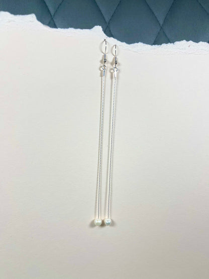 Sterling Silver Freshwater Pearl Drop Threader Earring, Long Pearl Earring, Dangle Earring, Long Chain Pearl Earrings, Bridal Pearl Earrings