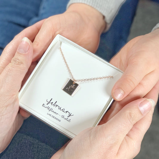 February Birth flower necklace, February Birthday gift for her, Violet necklace, Birth flower necklace, rectangle necklace rose gold silver