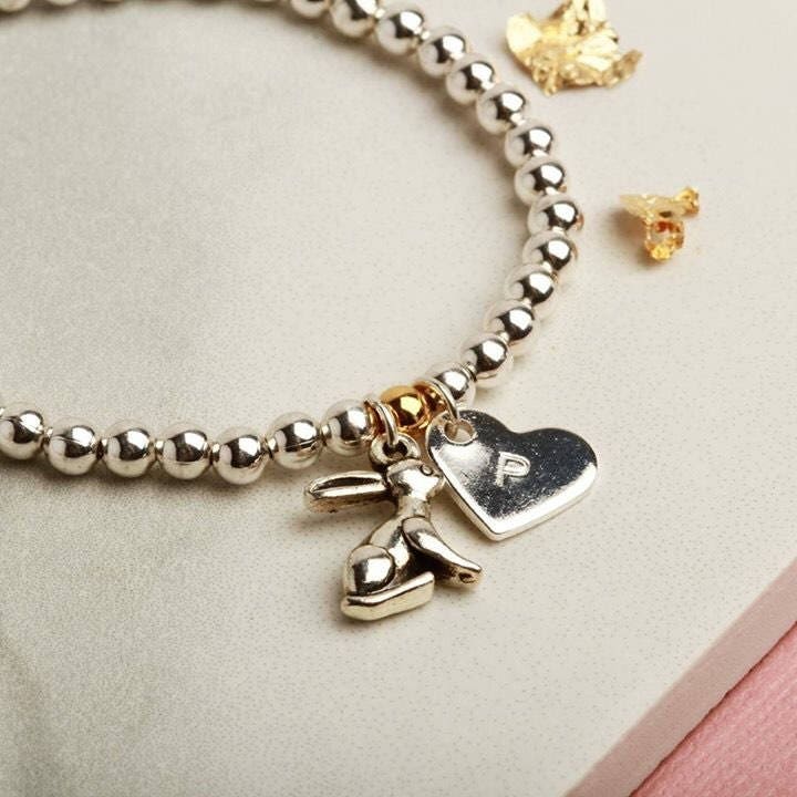 Personalised Bunny Rabbit Charm Bracelet Gift For Girls, Birthday gift for her, Easter gift for girls, kids, children, Good Luck Exams,