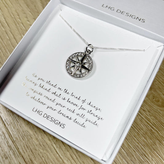 Diamond Compass Necklace, Travel jewellery, Dainty Compass Necklace, Graduation Gift, Sterling Silver Compass Necklace, Christmas Gift