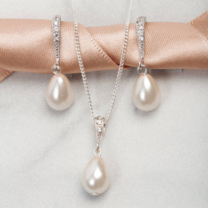 Freshwater Pearl Drop earrings and necklace, Ivory / White Pearl, Teardrop Pearl earrings, Pearl Bridal Set, Wedding Jewellery,