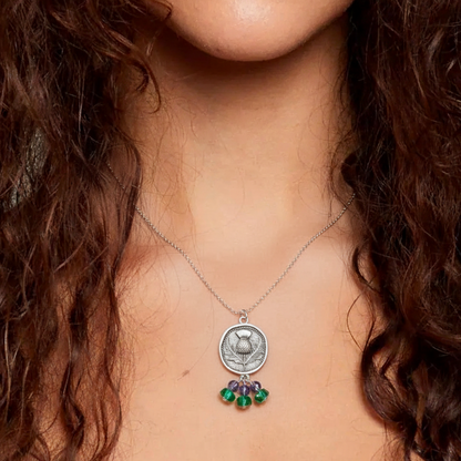 Statement Thistle pendant necklace with purple and green hanging beads. Scottish Thistle necklace gift for her Scottish Gifts