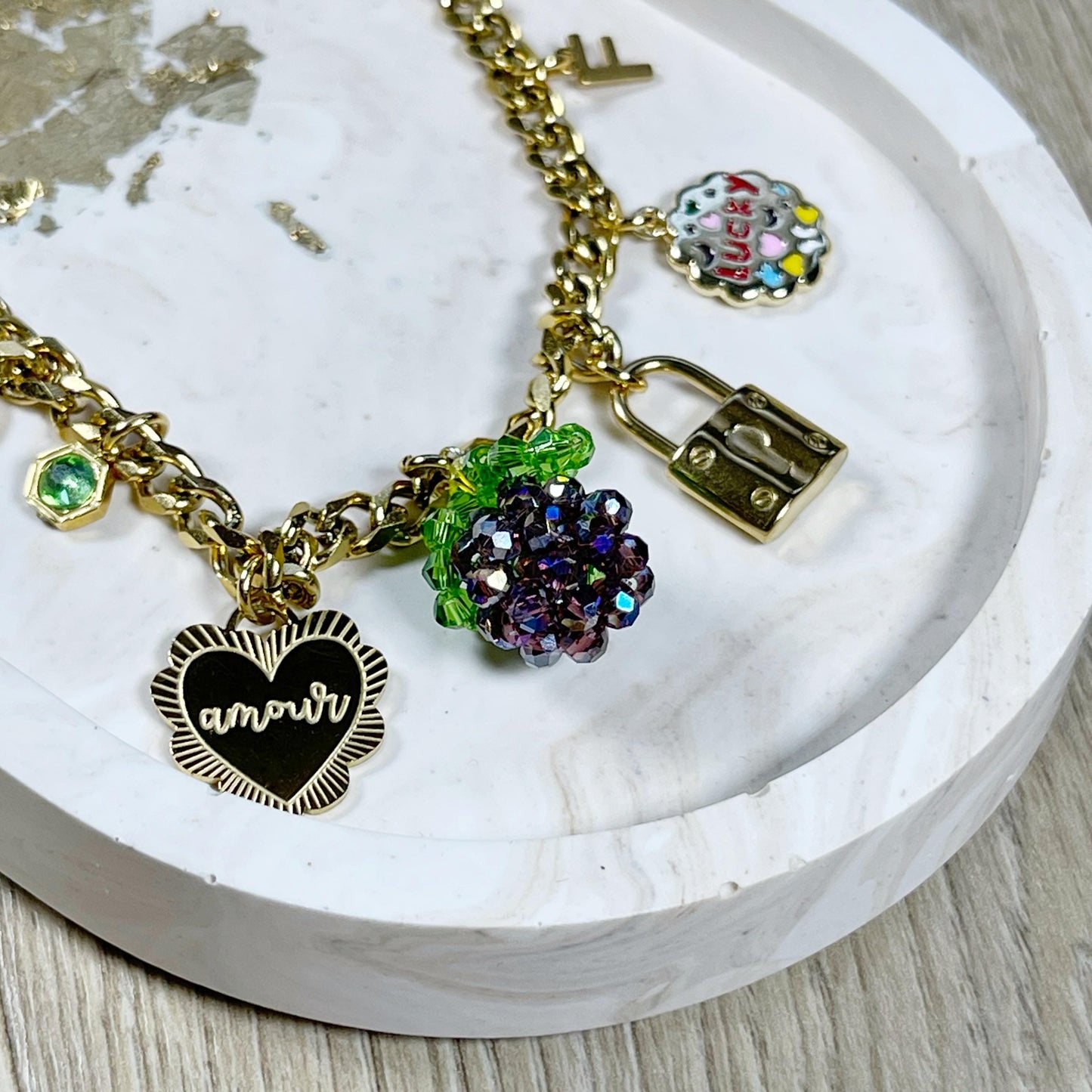 Fruit charm Necklace gold, Gold Charm Necklace, Customizable Charm Necklace, Vintage Style Chunky Necklace, Multi Charm Necklace, blackberry