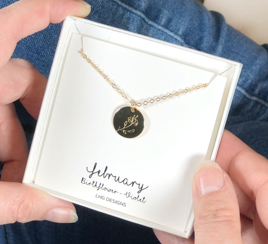February Birth flower necklace, February Birthday gift for her, Violet necklace, Birth flower necklace, Round necklace rose gold silver