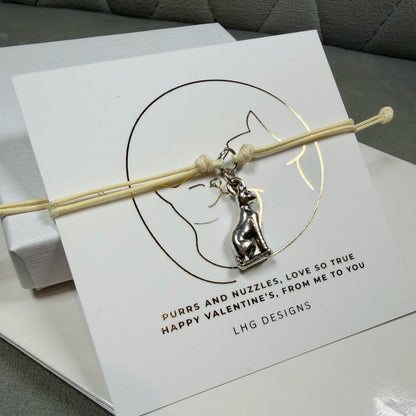 Cat Charm Cord Bracelet – Valentine’s Day Gift for Cat Lovers, Cute Minimalist Bracelet, Adjustable Friendship Bracelet, Galentine’s Gift