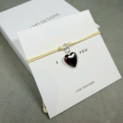 Silver or Gold Heart Locket Cord Bracelet – Valentine’s Day Gift for Her, I Love You Bracelet, Romantic Jewellery Gift, Adjustable Bracelet