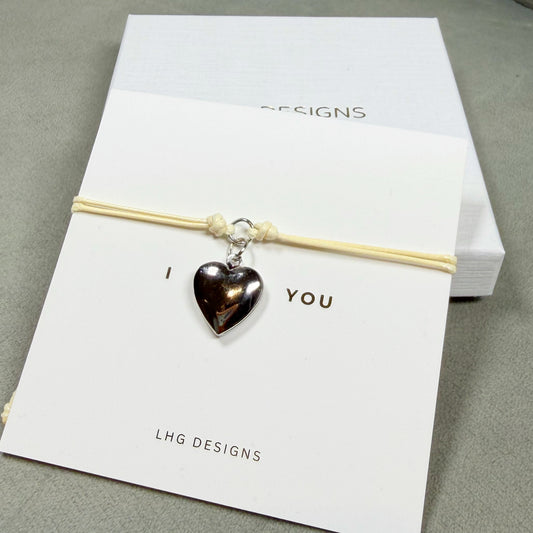 Silver or Gold Heart Locket Cord Bracelet – Valentine’s Day Gift for Her, I Love You Bracelet, Romantic Jewellery Gift, Adjustable Bracelet