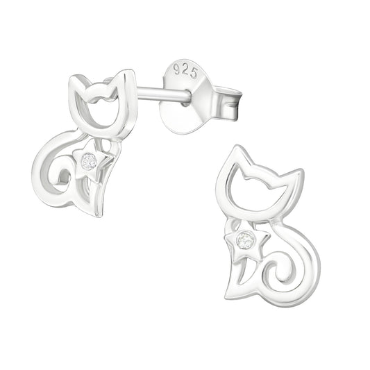 Cat Stud earrings in sterling silver with cubic zirconia
