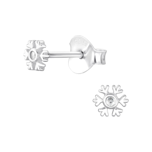 Very Tiny Snowflake stud earring in sterling silver with cubic zirconia