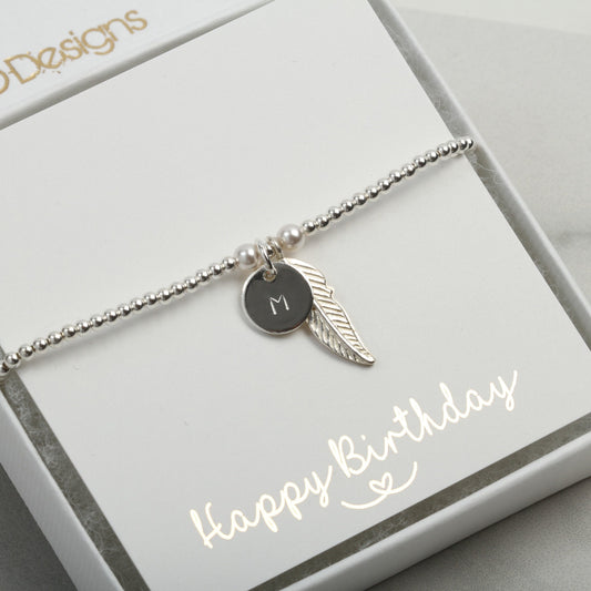 Silver personalised Feather bracelet, Birthday Gift for her, Christmas Gift for girlfriend sister mum daughter wife, silver, sympathy gift,