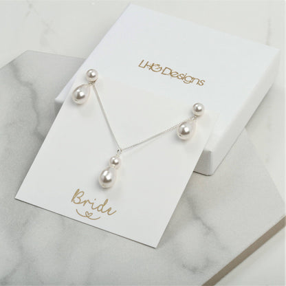 Bridal Swarovski teardrop pearl jewellery set, Teardrop pearl necklace earrings, Pearl stud earrings, bridal wedding jewellery, white ivory
