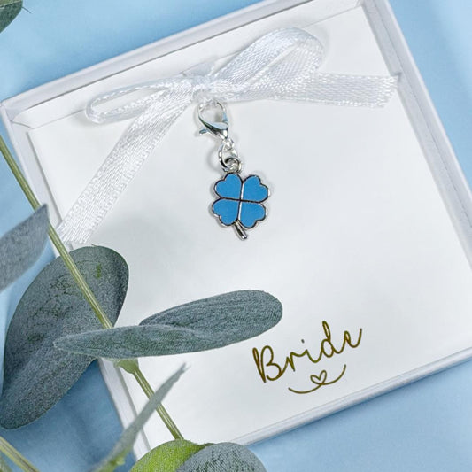 Something Blue gift for bride, Something Blue for wedding, Blue four leaf clover bouquet charm, Something blue good luck charm keepsake