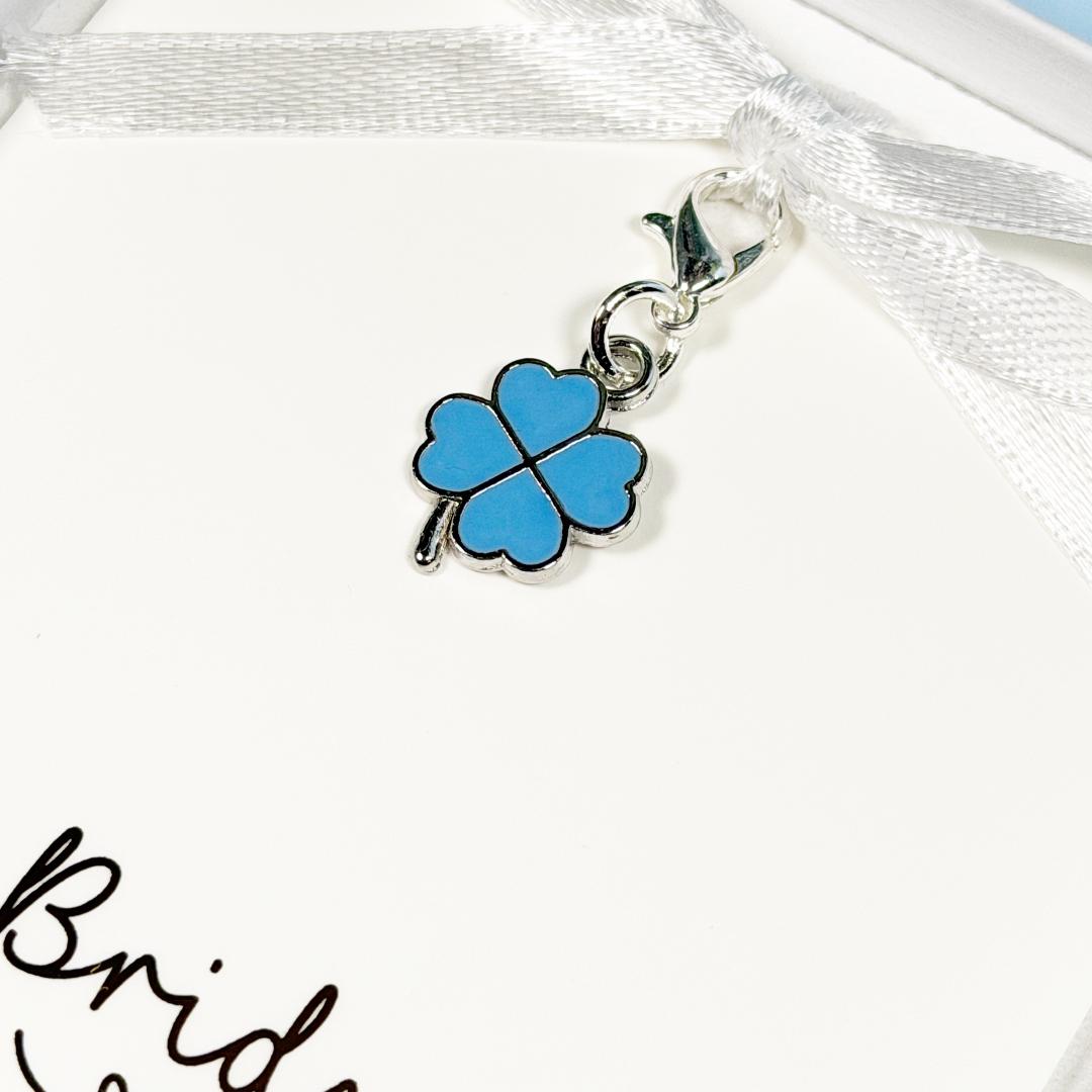 Something Blue gift for bride, Something Blue for wedding, Blue four leaf clover bouquet charm, Something blue good luck charm keepsake