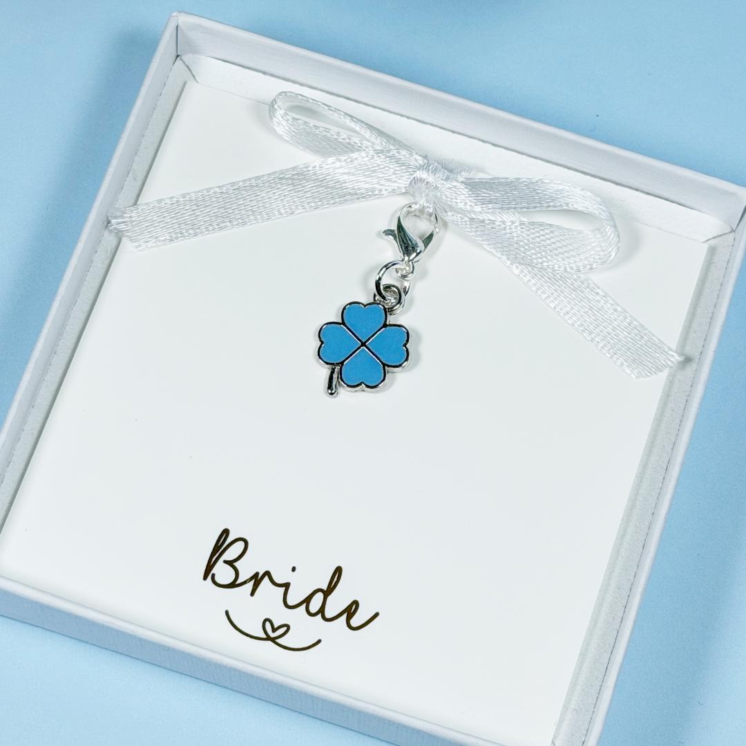 Something Blue gift for bride, Something Blue for wedding, Blue four leaf clover bouquet charm, Something blue good luck charm keepsake