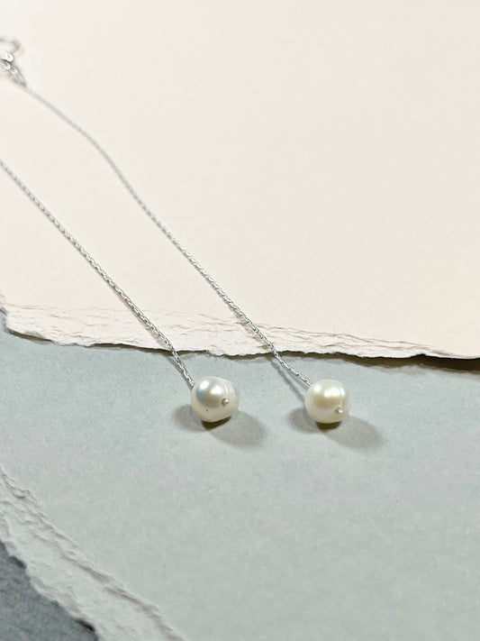 Sterling Silver Freshwater Pearl Drop Threader Earring, Long Pearl Earring, Dangle Earring, Long Chain Pearl Earrings, Bridal Pearl Earrings