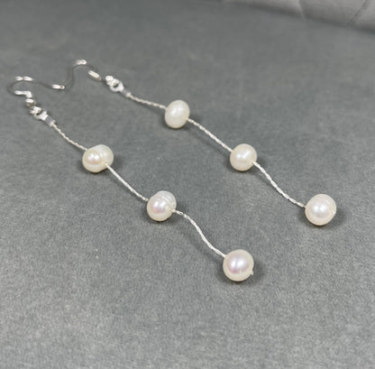 Natural Fresh Water Pearl Drop Earrings, Dainty Dangle Pearl Earrings, Bridal Jewellery, Multiple Pearl, Wedding Earrings, Bridesmaid Gift