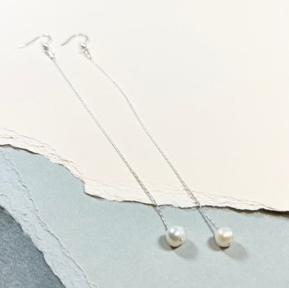 Sterling Silver Freshwater Pearl Drop Threader Earring, Long Pearl Earring, Dangle Earring, Long Chain Pearl Earrings, Bridal Pearl Earrings