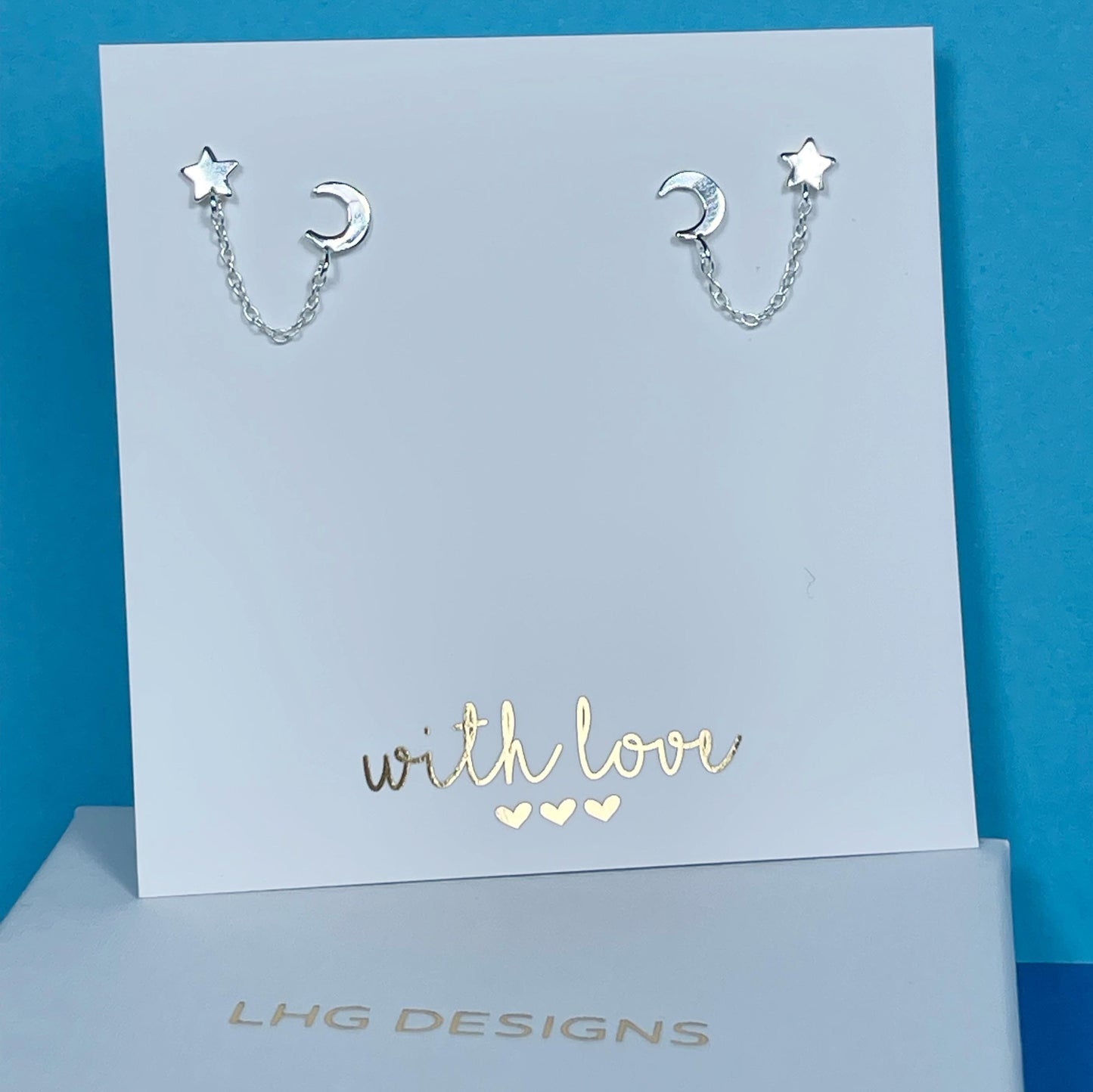 Star & Moon Chain Earrings Pair, Celestial Double Piercing Stud Earrings, Sterling Silver Chain earrings set, Christmas Gift, Moon and Star