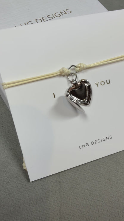 Silver or Gold Heart Locket Cord Bracelet – Valentine’s Day Gift for Her, I Love You Bracelet, Romantic Jewellery Gift, Adjustable Bracelet