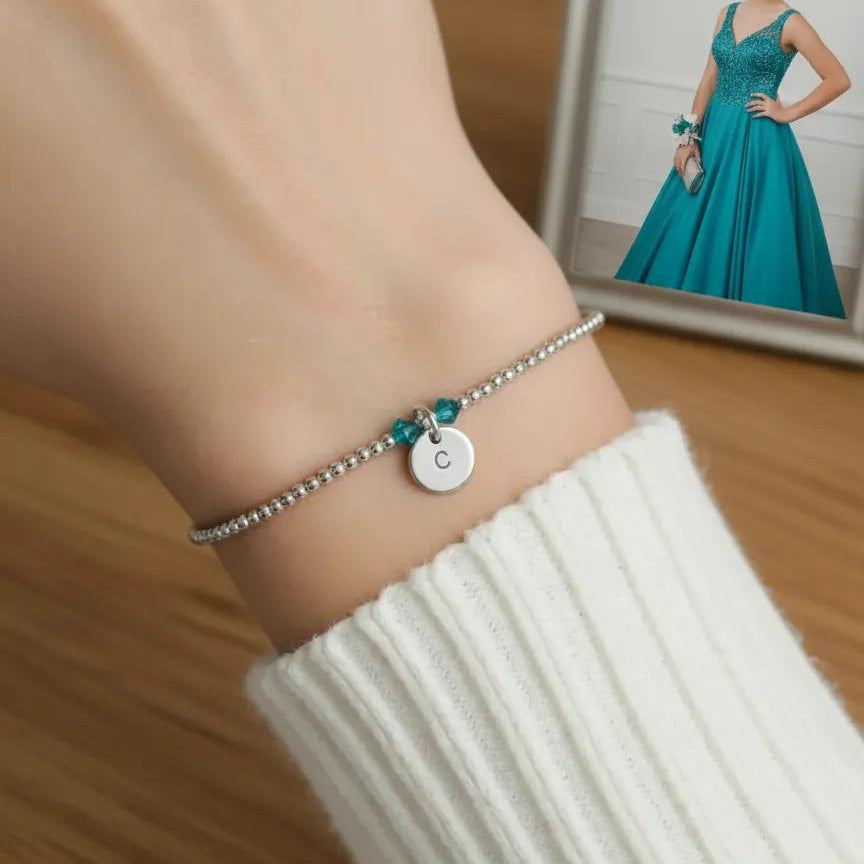 Prom jewellery bespoke bracelet with custom personalised initials and colour matched to prom dress 